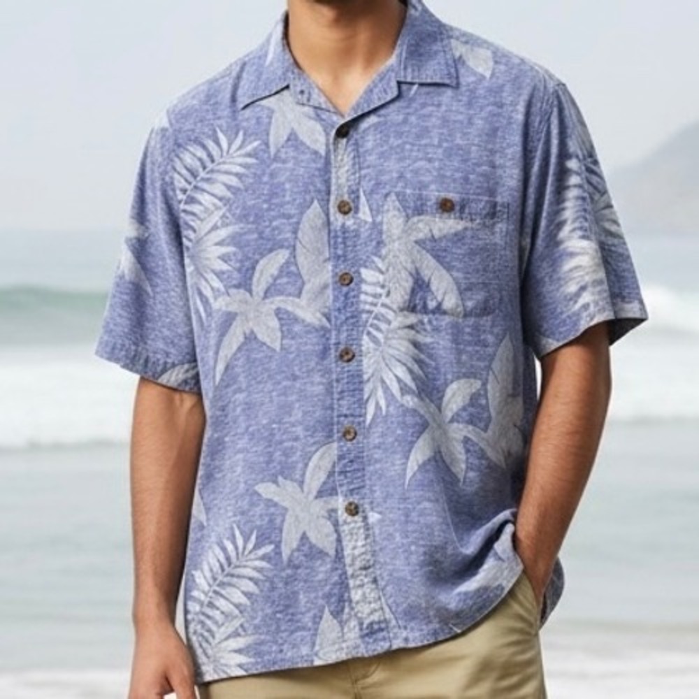 Island Republic Blue Palm Leaf Silknosic‎ Short Sleeve Button Down Shirt Mens M